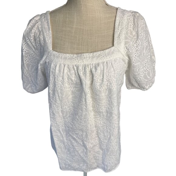 Loft Womens White Eyelet Puff Short Sleeve Square Neck Top Size M - Picture 1 of 10